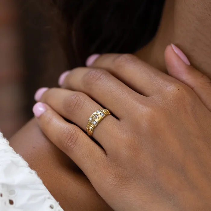 Rings Antique English Edwardian Old Mine Cut Diamond Pearl and 18k Gold Ring