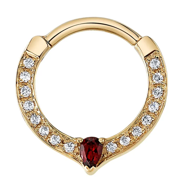 Rings Body Vision BVLA Cherish Pear Hinge Ring in Gold with White CZ Garnet