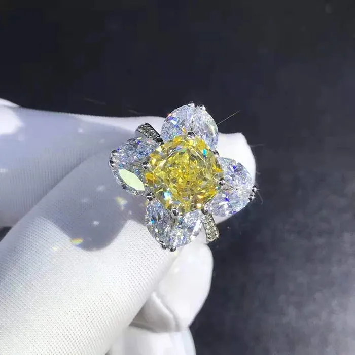 Rings Leyloon Jewelry 5 Carat Cushion Marquise Moissanite Ring Vivid Yellow VVS 9 Stone Flower Halo Beadset