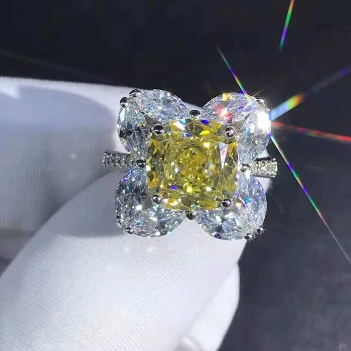 Rings Leyloon Jewelry 5 Carat Cushion Marquise Moissanite Ring Vivid Yellow VVS 9 Stone Flower Halo Beadset