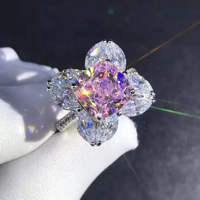 Rings Leyloon Jewelry 5 Carat Cushion Marquise Moissanite Ring Vivid Yellow VVS 9 Stone Flower Halo Beadset