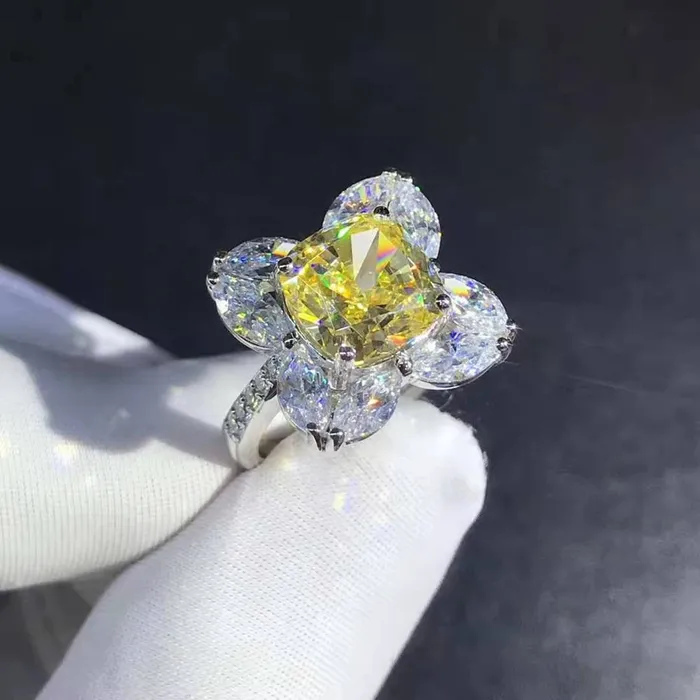 Rings Leyloon Jewelry 5 Carat Cushion Marquise Moissanite Ring Vivid Yellow VVS 9 Stone Flower Halo Beadset