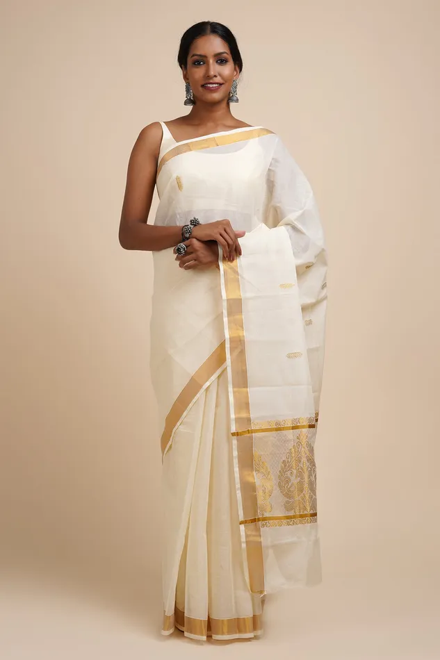 Rings Teejh Teejh Arandhini White and Gold Kerala Cotton Kasavu Saree