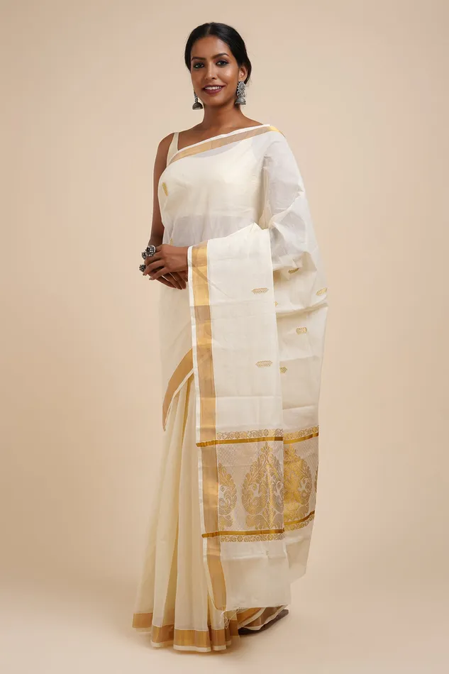 Rings Teejh Teejh Arandhini White and Gold Kerala Cotton Kasavu Saree