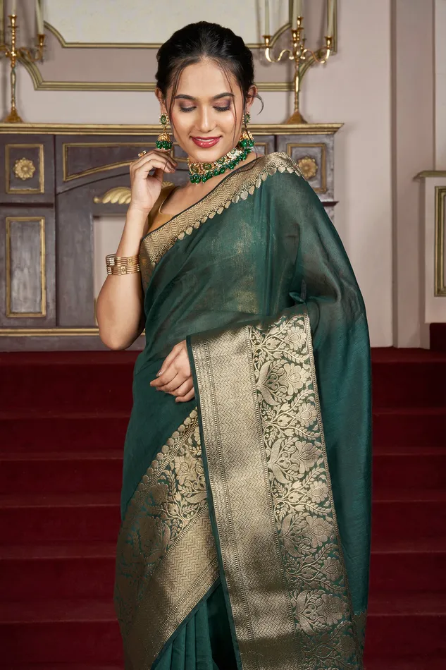 Rings Teejh Teejh Reya Forest Green Banarasi Silk Linen Saree