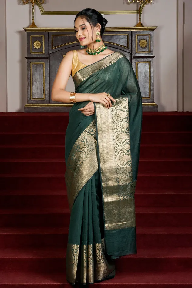 Rings Teejh Teejh Reya Forest Green Banarasi Silk Linen Saree