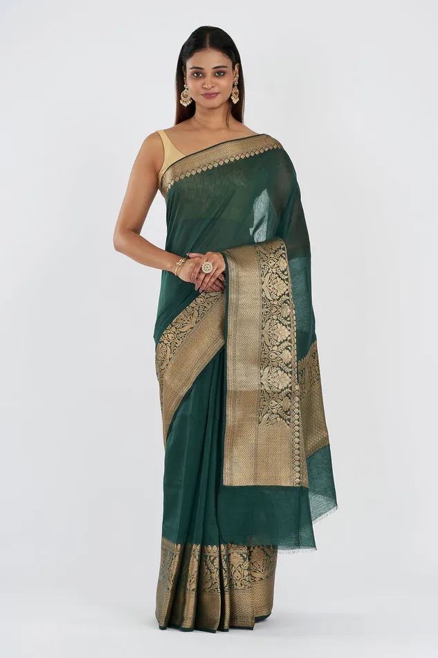 Rings Teejh Teejh Reya Forest Green Banarasi Silk Linen Saree