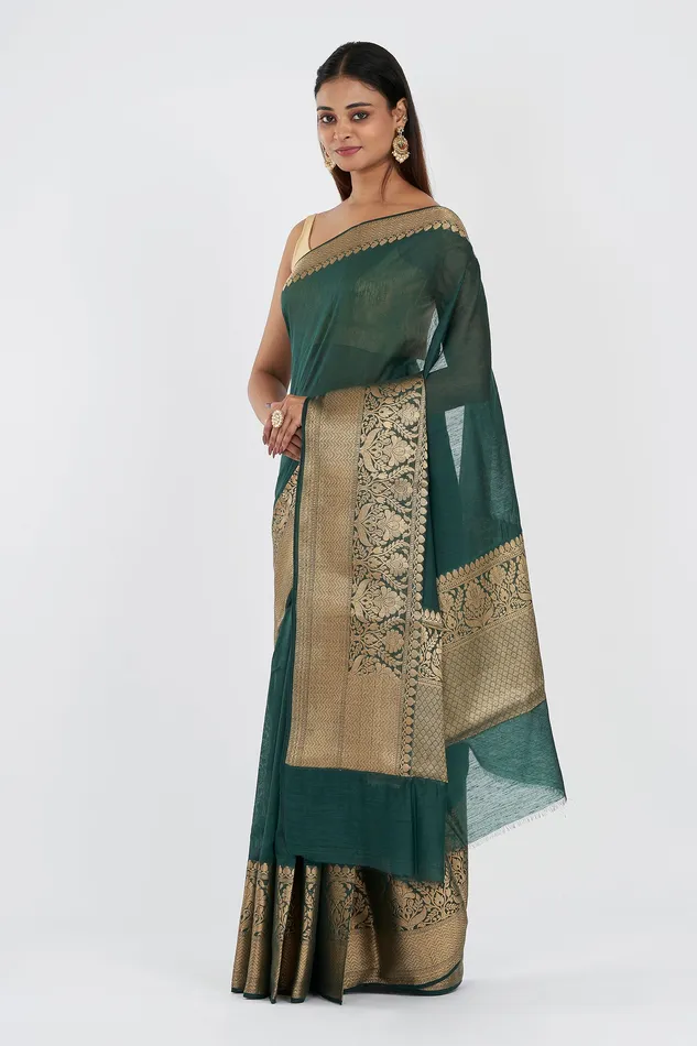 Rings Teejh Teejh Reya Forest Green Banarasi Silk Linen Saree