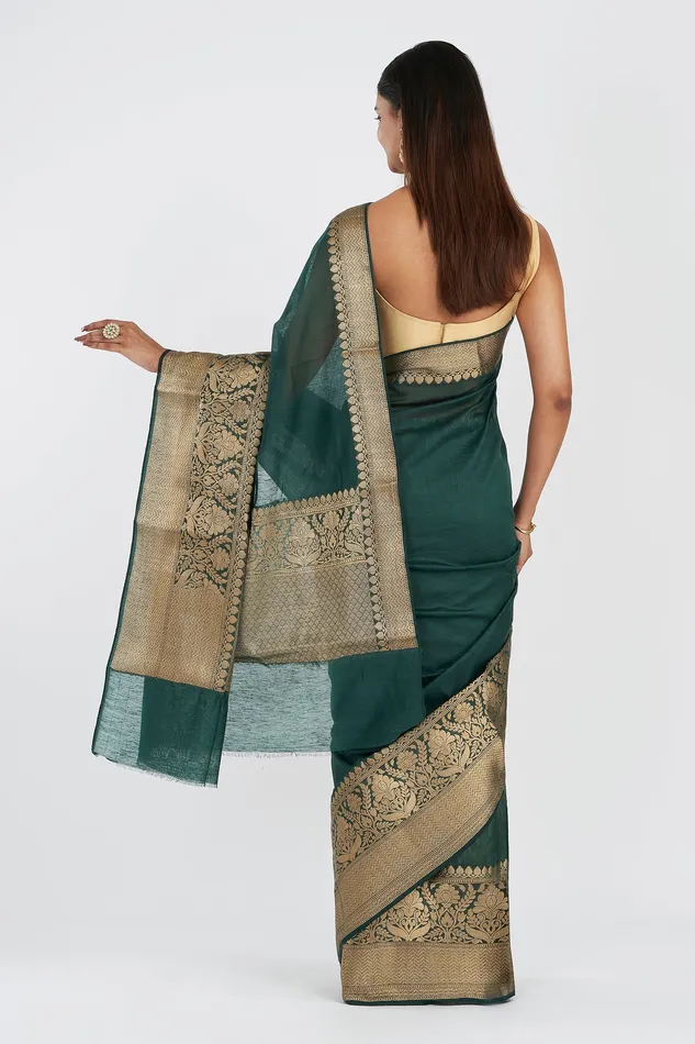 Rings Teejh Teejh Reya Forest Green Banarasi Silk Linen Saree