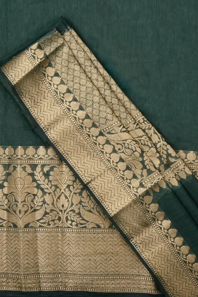 Rings Teejh Teejh Reya Forest Green Banarasi Silk Linen Saree