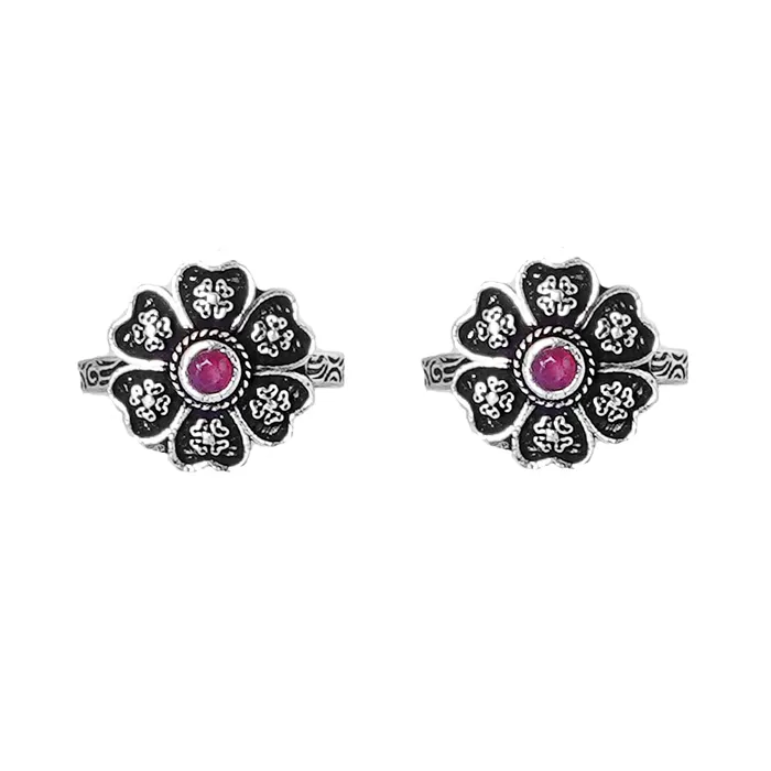 Rings Teejh Teejh Ruhi Pink Stone Silver Oxidised Toe Rings