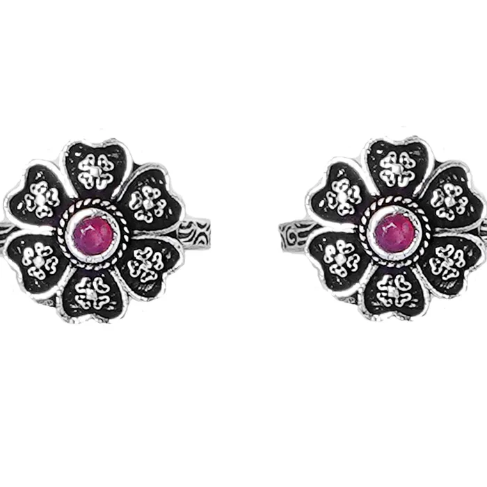 Rings Teejh Teejh Ruhi Pink Stone Silver Oxidised Toe Rings