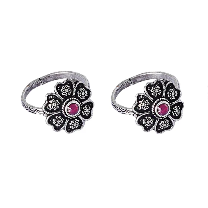 Rings Teejh Teejh Ruhi Pink Stone Silver Oxidised Toe Rings