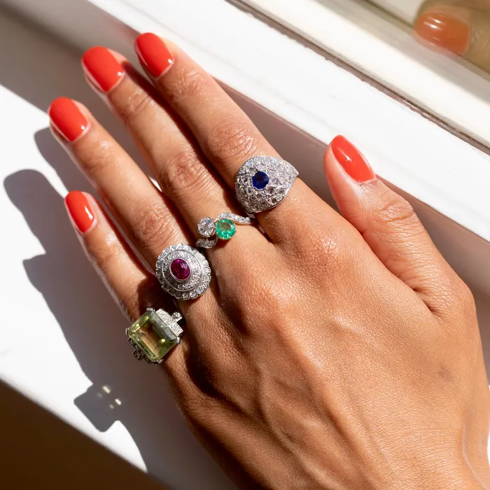 Rings Vintage Ruby Diamond And 14K White Gold Cluster Ring