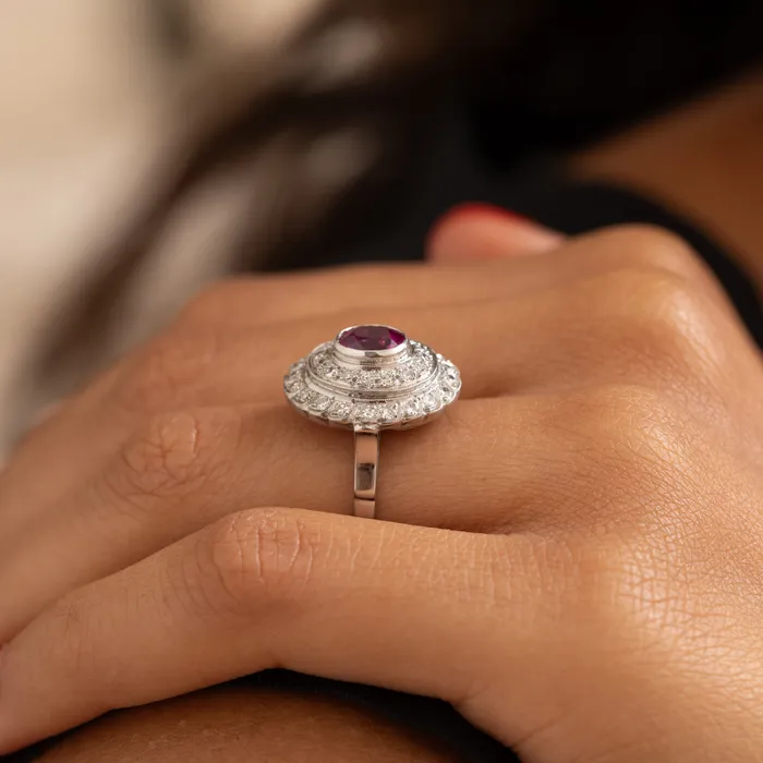 Rings Vintage Ruby Diamond And 14K White Gold Cluster Ring