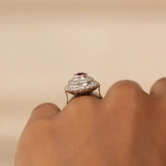 Rings Vintage Ruby Diamond And 14K White Gold Cluster Ring