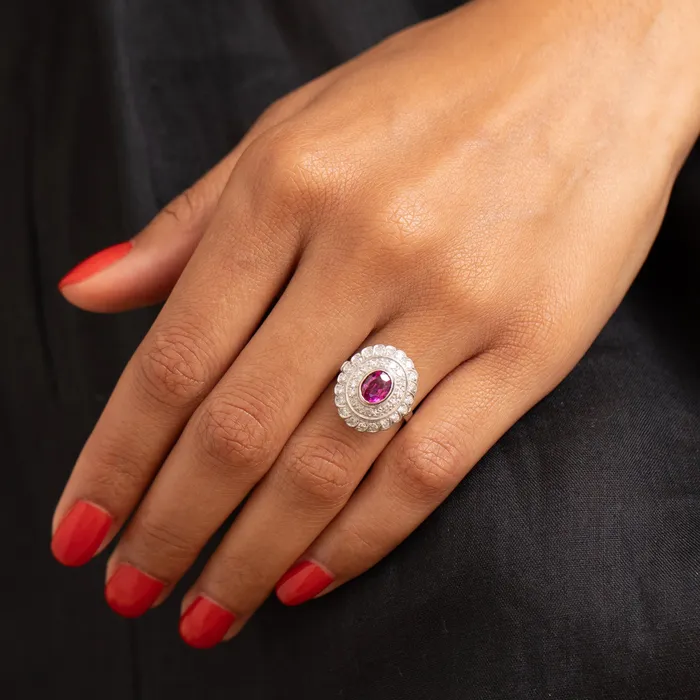 Rings Vintage Ruby Diamond And 14K White Gold Cluster Ring