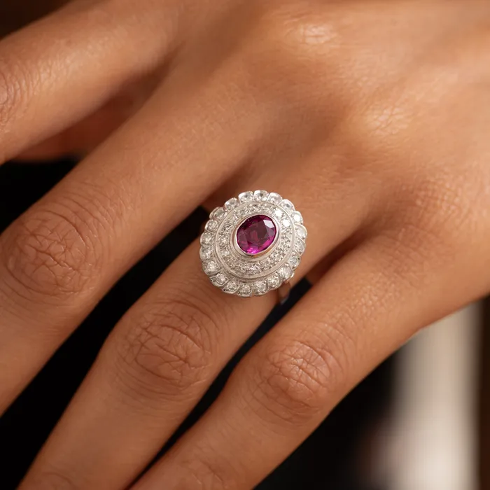 Rings Vintage Ruby Diamond And 14K White Gold Cluster Ring