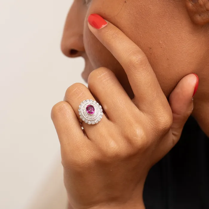 Rings Vintage Ruby Diamond And 14K White Gold Cluster Ring