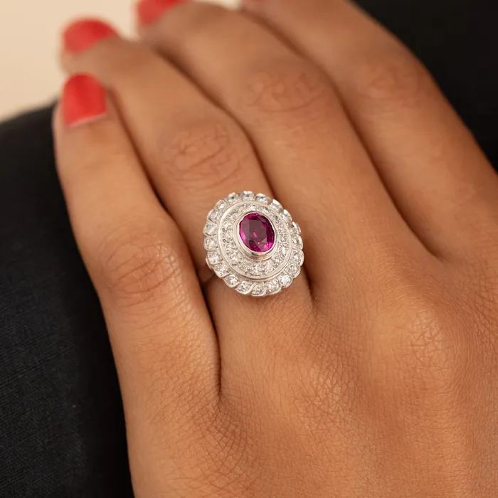 Rings Vintage Ruby Diamond And 14K White Gold Cluster Ring
