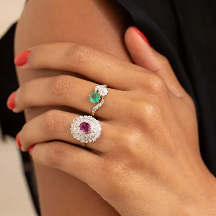 Rings Vintage Ruby Diamond And 14K White Gold Cluster Ring