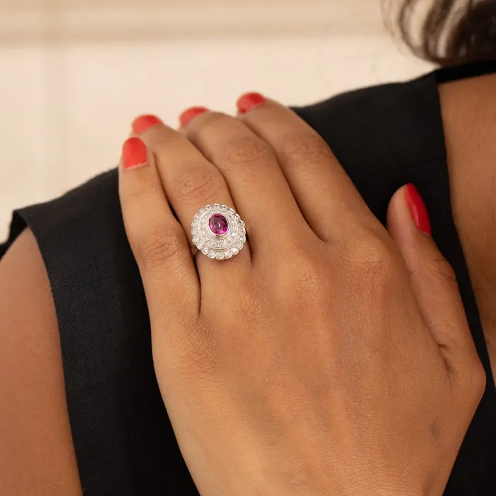 Rings Vintage Ruby Diamond And 14K White Gold Cluster Ring