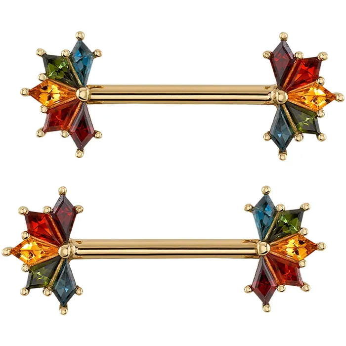Spirit Forward Facing Nipple Barbells in Gold Rainbow with Genuine Gemstones Body Vision BVLA Earrings