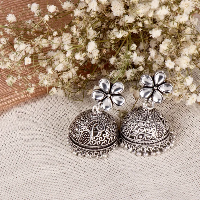 Teejh Earrings Teejh Floret Polki Silver Oxidized Pearl Jhumki Earrings