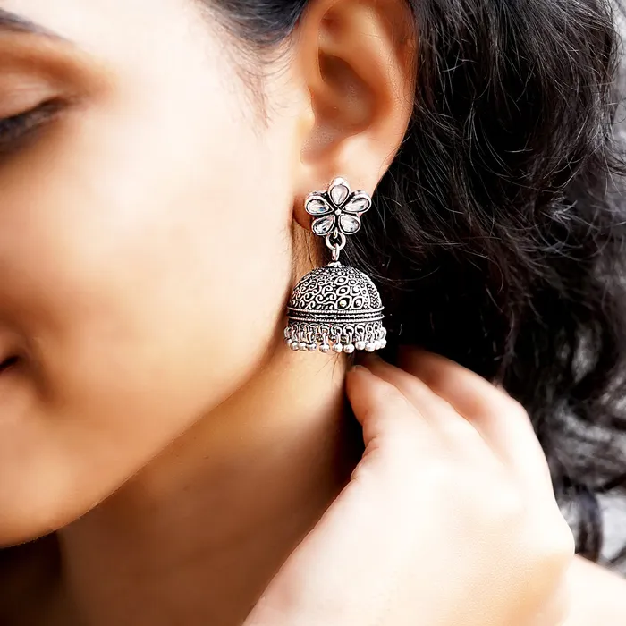 Teejh Earrings Teejh Floret Polki Silver Oxidized Pearl Jhumki Earrings Teejh Earrings Teejh Floret Polki Silver Oxidized Pearl Jhumki Earrings