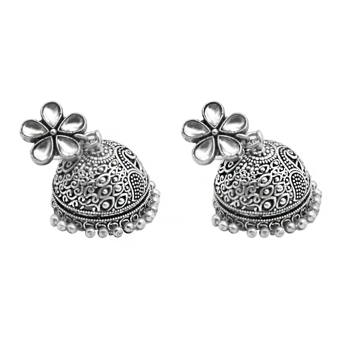 Teejh Earrings Teejh Floret Polki Silver Oxidized Pearl Jhumki Earrings Teejh Earrings Teejh Floret Polki Silver Oxidized Pearl Jhumki Earrings
