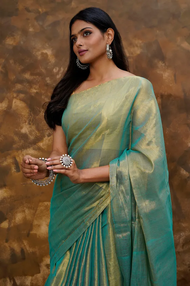 Teejh Earrings Teejh Trishika Peacock Green Tissue Saree
