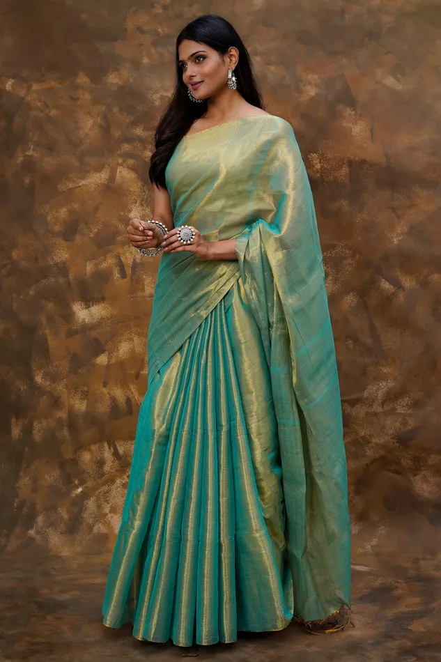 Teejh Earrings Teejh Trishika Peacock Green Tissue Saree Teejh Earrings Teejh Trishika Peacock Green Tissue Saree