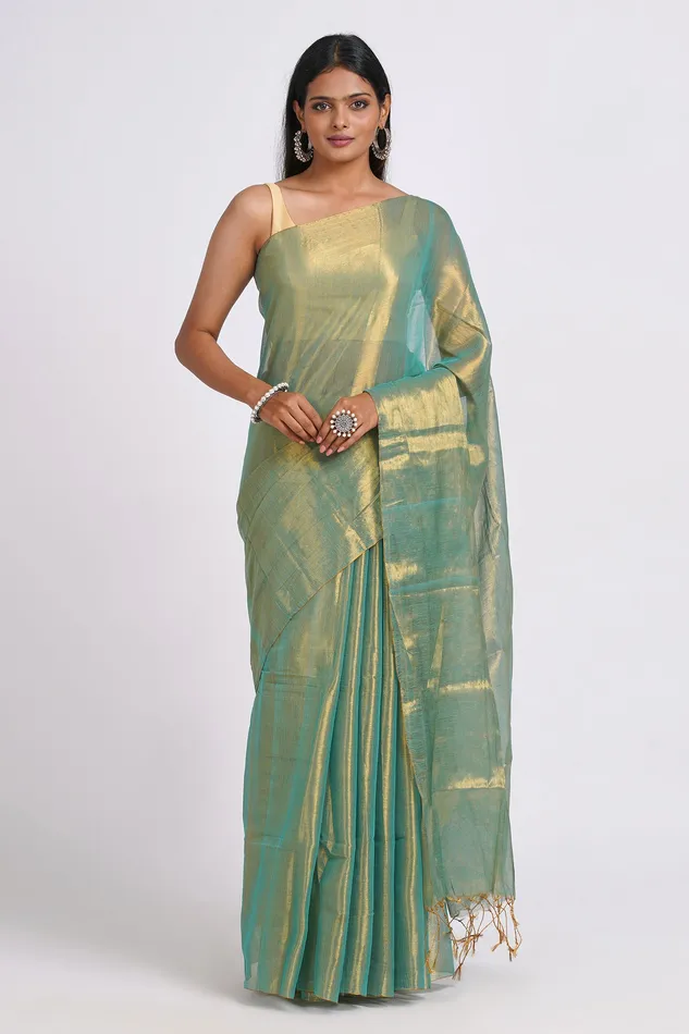 Teejh Earrings Teejh Trishika Peacock Green Tissue Saree Teejh Earrings Teejh Trishika Peacock Green Tissue Saree
