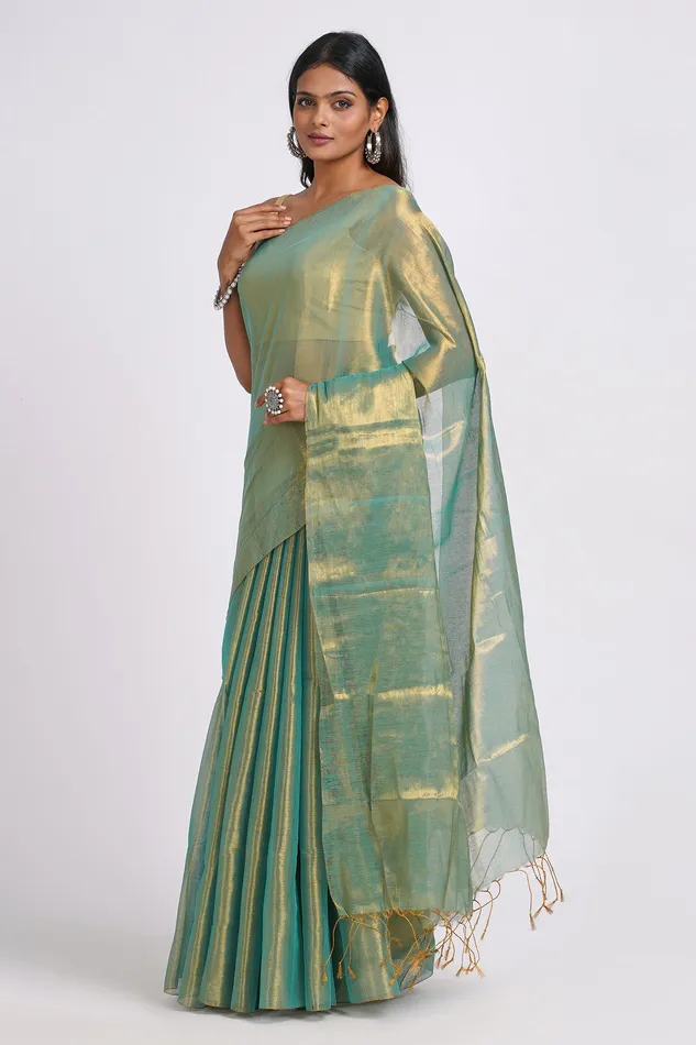 Teejh Earrings Teejh Trishika Peacock Green Tissue Saree Teejh Earrings Teejh Trishika Peacock Green Tissue Saree