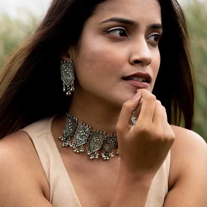 Teejh Necklaces Teejh Dyuti Antique Silver Polish Choker Necklace Set