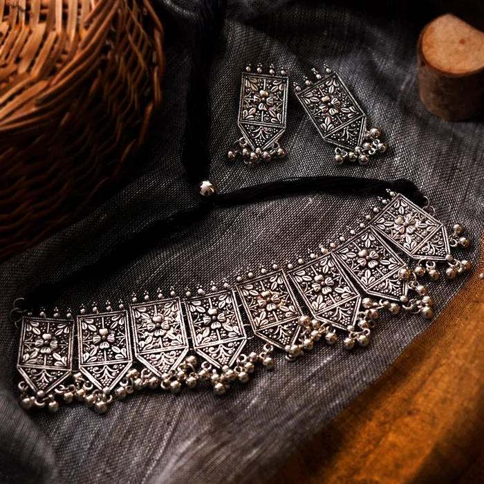 Teejh Necklaces Teejh Dyuti Antique Silver Polish Choker Necklace Set