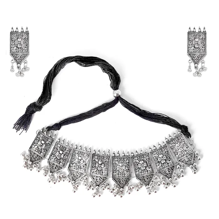 Teejh Necklaces Teejh Dyuti Antique Silver Polish Choker Necklace Set