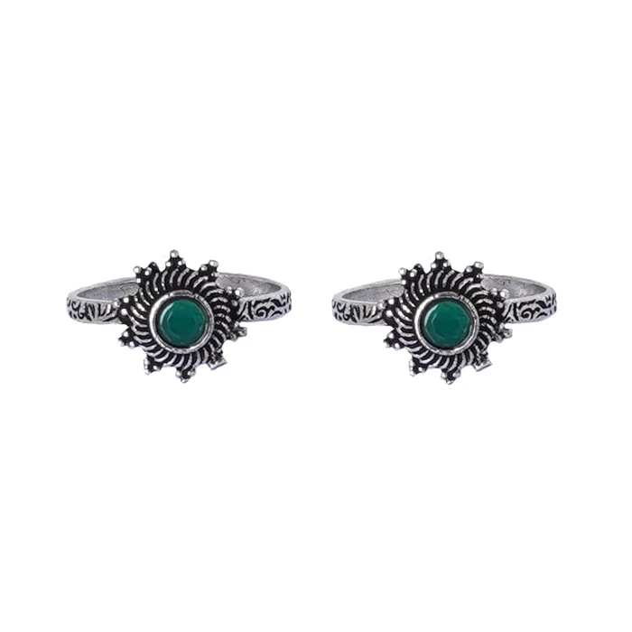 Teejh Rings Teejh Aashvi Green Stone Silver Oxidised Toe Rings Teejh Rings Teejh Aashvi Green Stone Silver Oxidised Toe Rings
