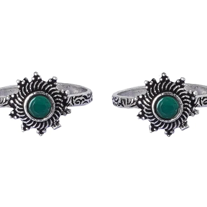 Teejh Rings Teejh Aashvi Green Stone Silver Oxidised Toe Rings Teejh Rings Teejh Aashvi Green Stone Silver Oxidised Toe Rings