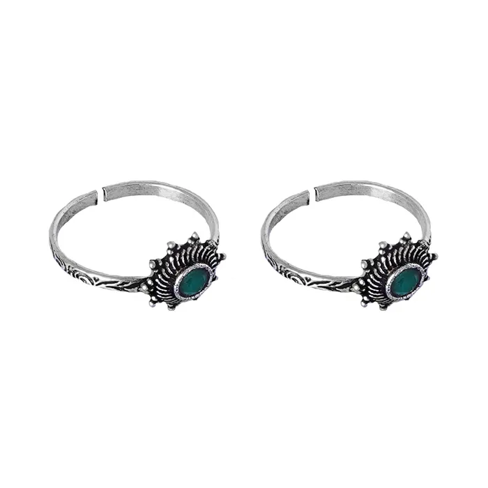Teejh Rings Teejh Aashvi Green Stone Silver Oxidised Toe Rings Teejh Rings Teejh Aashvi Green Stone Silver Oxidised Toe Rings