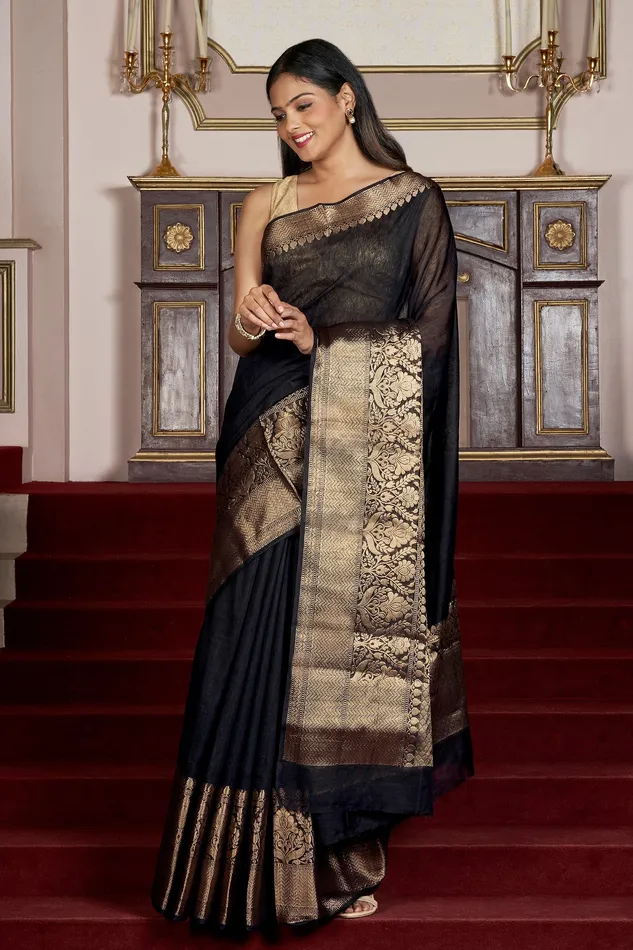 Teejh Rings Teejh Tithi Black Banarasi Silk Linen Saree