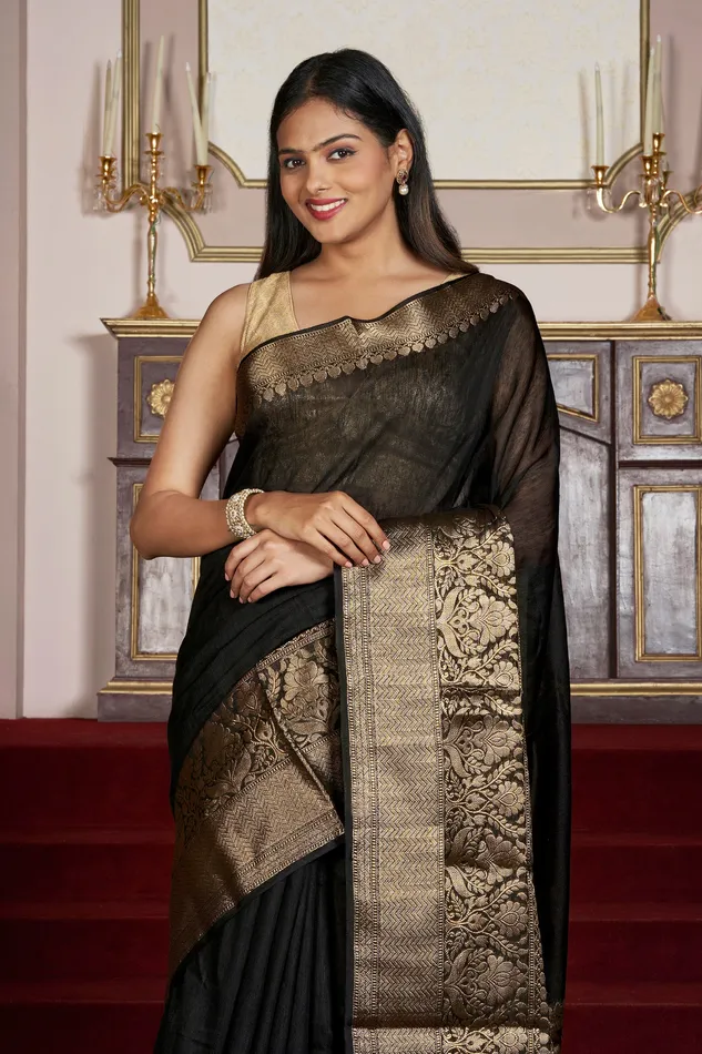 Teejh Rings Teejh Tithi Black Banarasi Silk Linen Saree