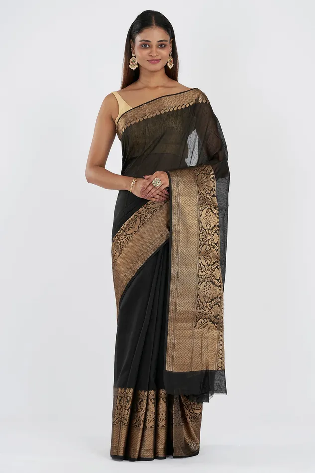 Teejh Rings Teejh Tithi Black Banarasi Silk Linen Saree