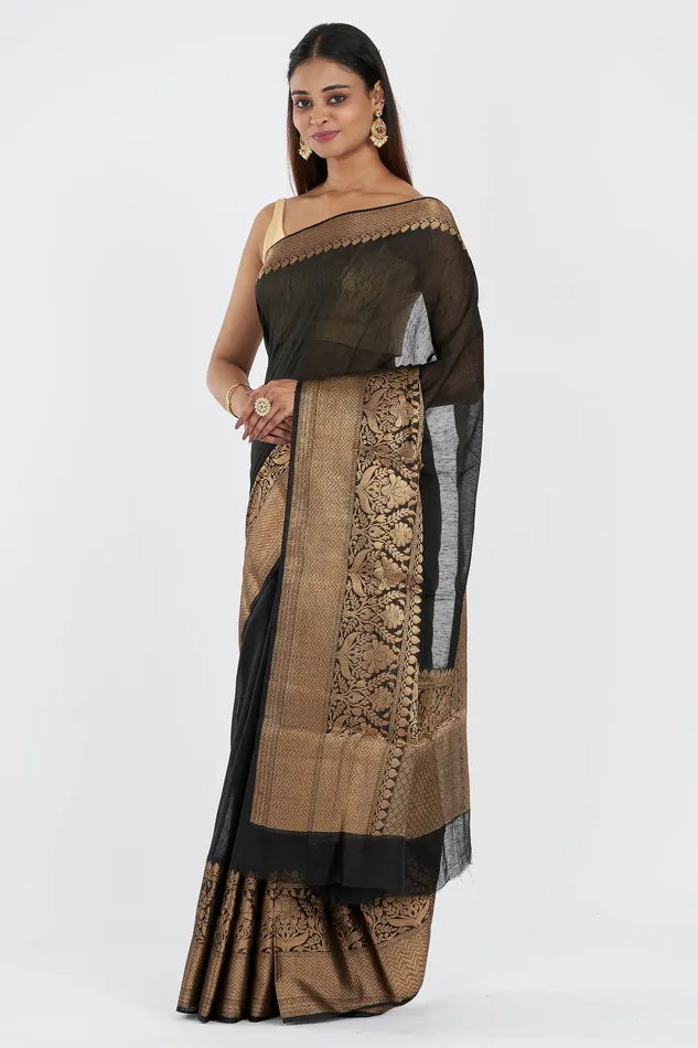 Teejh Rings Teejh Tithi Black Banarasi Silk Linen Saree