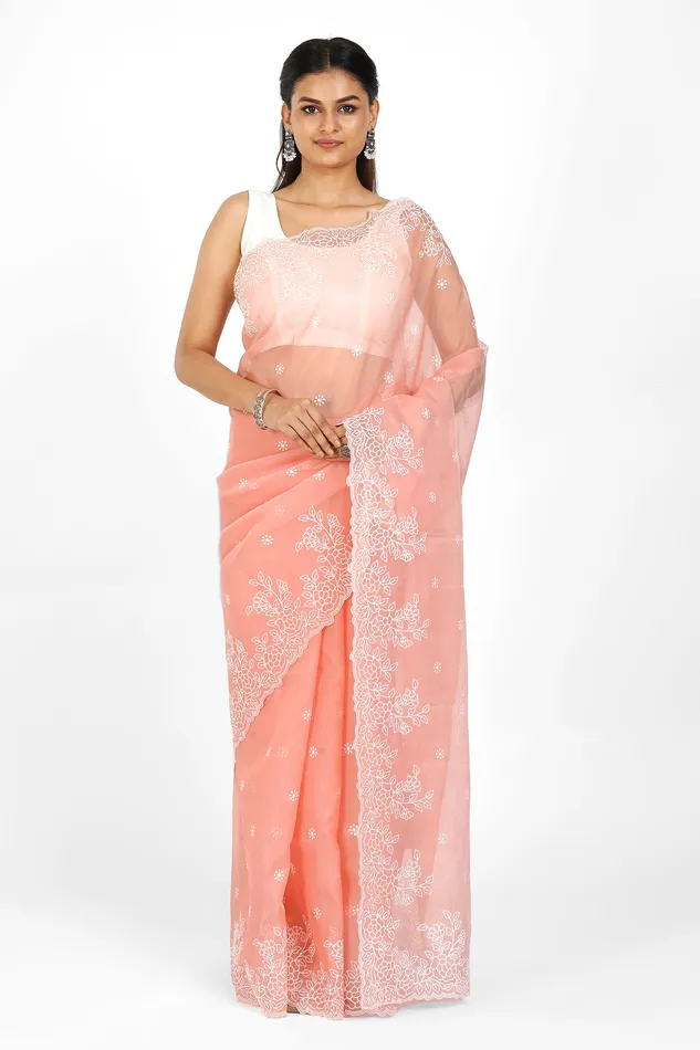 Teejh Tasneem Embroidered Organza Saree Teejh Earrings