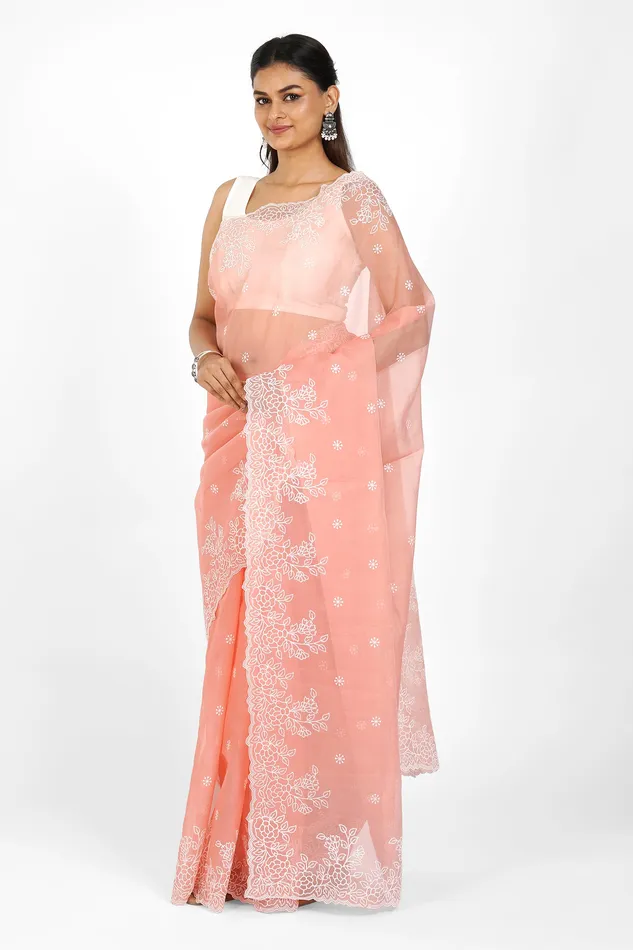 Teejh Tasneem Embroidered Organza Saree Teejh Earrings