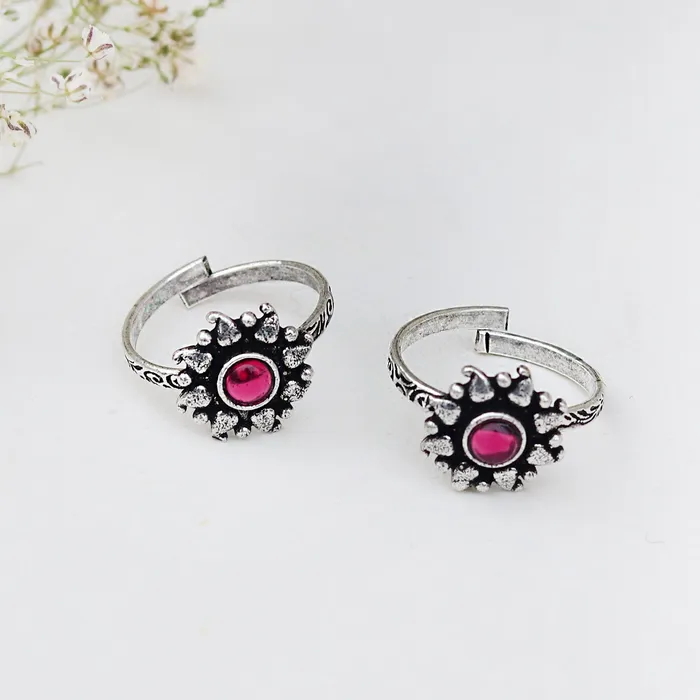 Teejh Teejh Miraya Pink Stone Silver Oxidised Toe Rings Rings