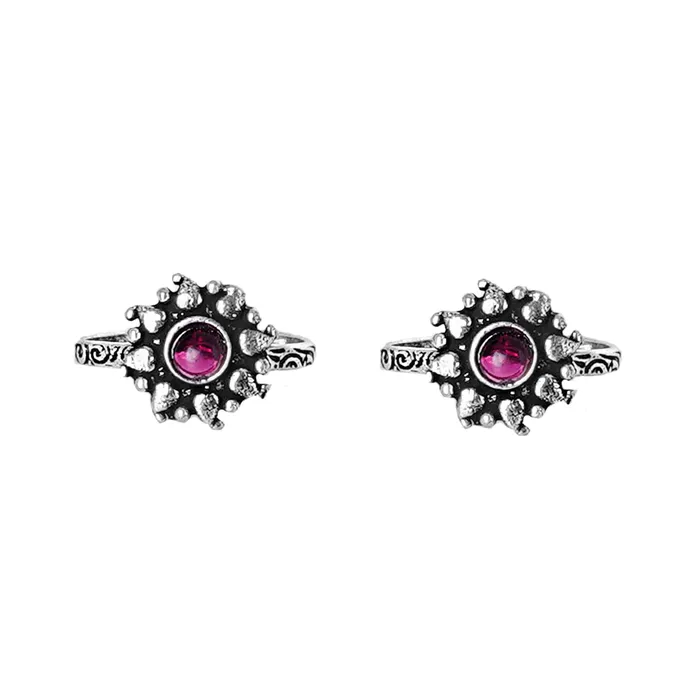 Teejh Teejh Miraya Pink Stone Silver Oxidised Toe Rings Rings Teejh Teejh Miraya Pink Stone Silver Oxidised Toe Rings Rings