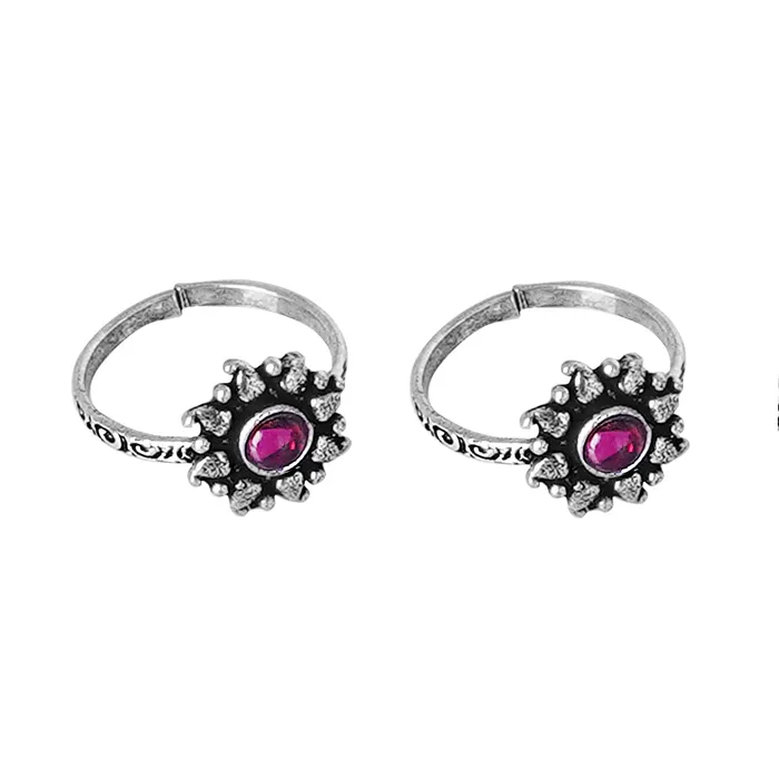 Teejh Teejh Miraya Pink Stone Silver Oxidised Toe Rings Rings Teejh Teejh Miraya Pink Stone Silver Oxidised Toe Rings Rings