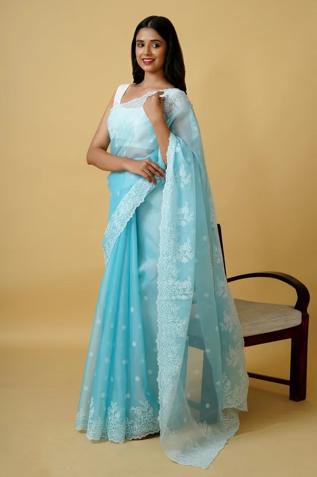 Teejh Vrishti Embroidered Organza Saree Teejh Earrings